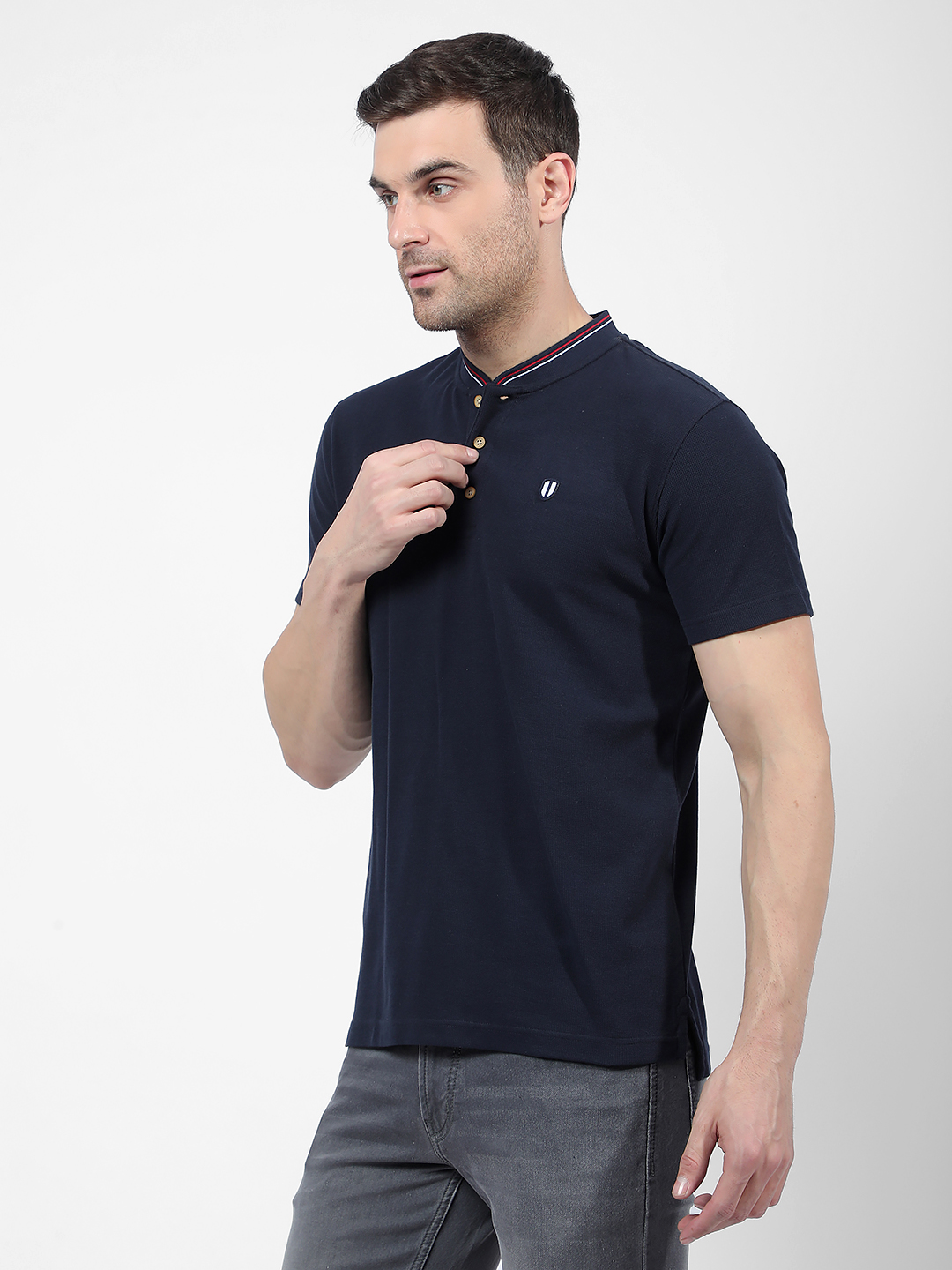 Numero Uno Men Navy Blue Henley Collar Polo T-Shirt